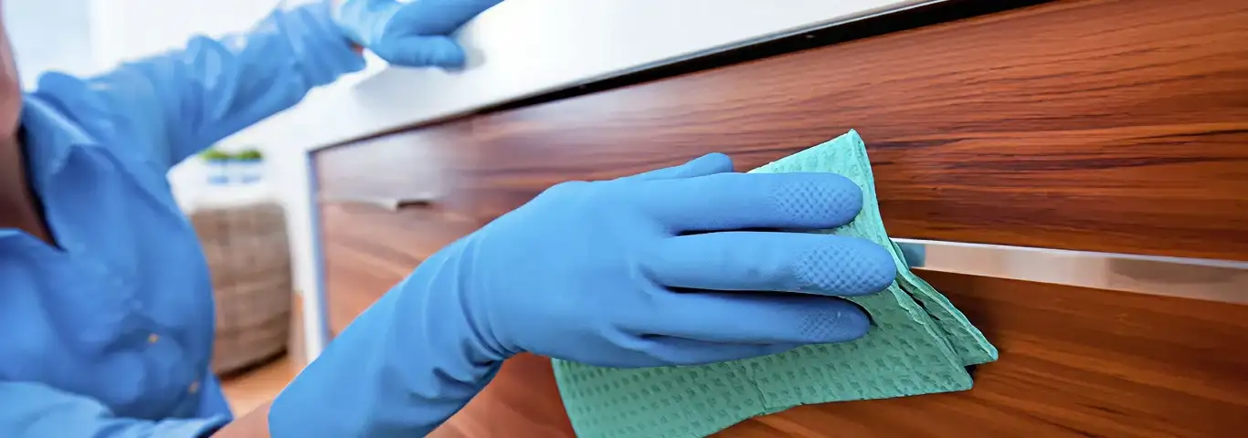 Cleaner wearing blue gloves wiping a wooden cabinet drawer with a microfiber cloth for dust and grime removal, Myrtle Beach, SC.