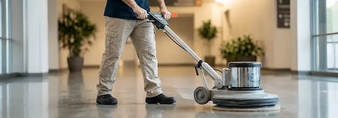 Professional technician using an industrial floor buffer to polish and maintain shiny commercial flooring in a corporate hallway in Myrtle Beach, SC.