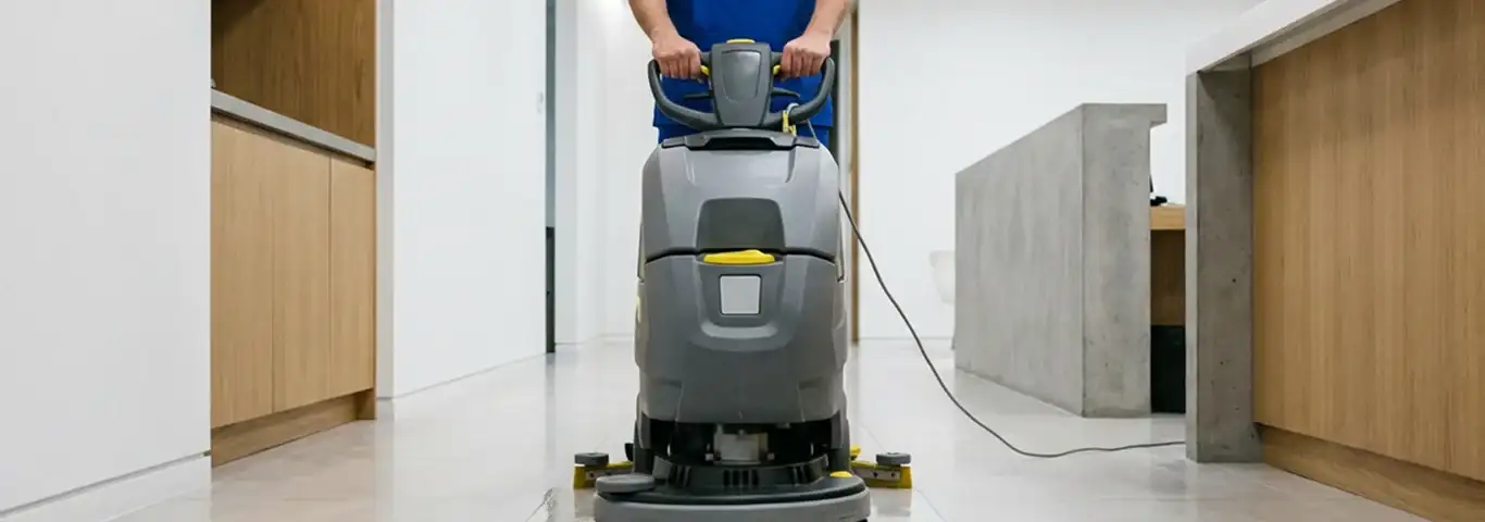 Janitorial staff using a floor scrubber machine to clean a commercial hallway, Myrtle Beach, SC.