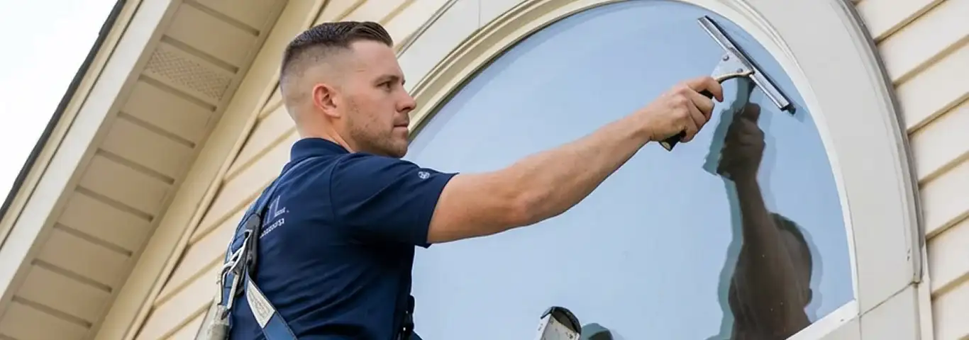 Professional window cleaner using a squeegee to clean an exterior arched window on a home, Myrtle Beach, SC.