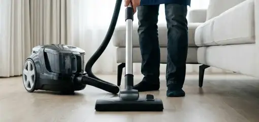 Professional house cleaner vacuuming a living room floor with a canister vacuum cleaner, Myrtle Beach, SC.