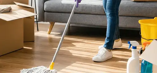 Move-out cleaning setup with a cleaner mopping hardwood floors near moving boxes and cleaning supplies, Myrtle Beach, SC.