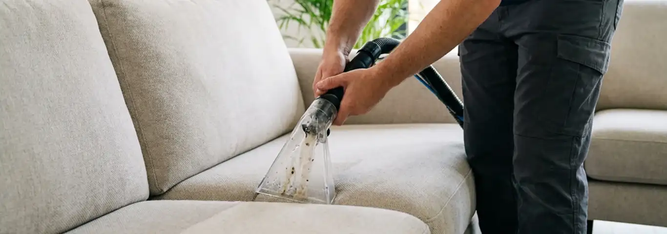 Technician extracting dirt and moisture from a fabric sofa with an upholstery cleaning wand, Myrtle Beach, SC.