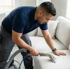Professional upholstery cleaning technician using an extraction wand to deep-clean a fabric sofa, Myrtle Beach, SC.