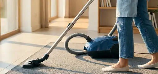 Person vacuuming a living room rug with a canister vacuum cleaner near large windows, Myrtle Beach, SC.